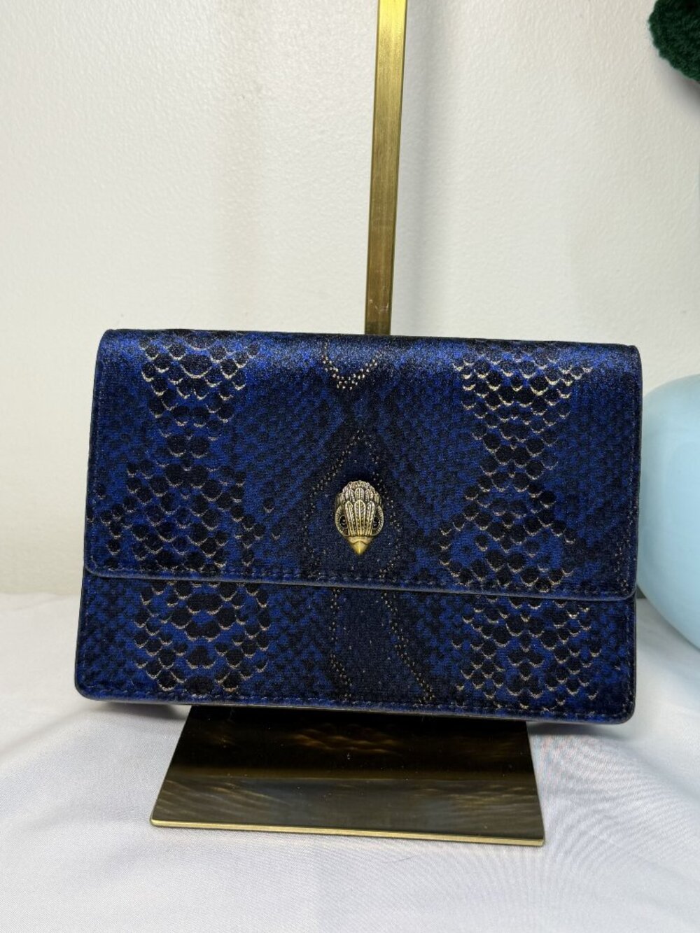 Kurt Geiger Navy Blue Snake Print Calf Hair Clutch Wallet With Gold Hardware & M